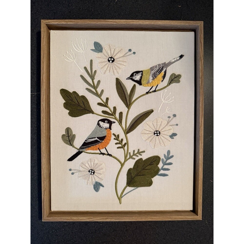 Framed Home Textile Embroidered Woven Wall Art Flower Bird Home Decor 12" x 15”